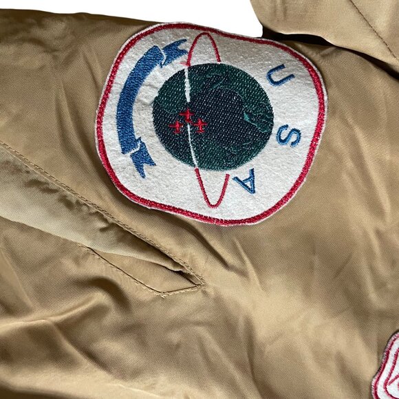 Uncle Ralph Mens Medium Bomber Jacket With Embroidered Patches Beige & Orange - Picture 7 of 11